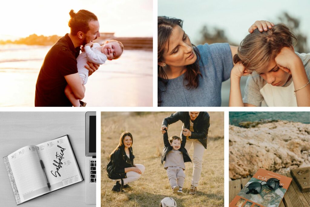 Collage mit Familien und einem aufgeschlagenen Kalender mit dem Eintrag Sabbatical über eine Seite