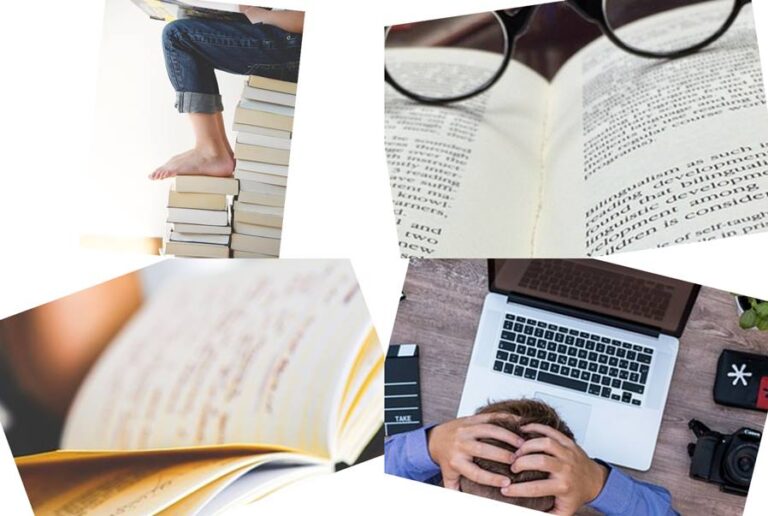 Collage mit aufgeschlagenen Büchern, jemandem, der auf einem Bücherstapel sitzt und jemandem vor einem Laptop mit Händen über dem Kopf zusammengeschlagen