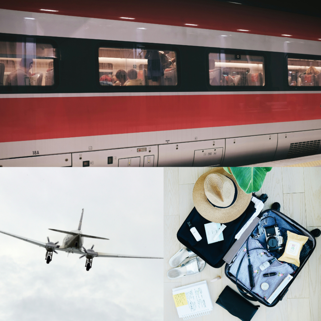 Collage Thema Urlaub: oben ein Zug von außen, unten ein Flugzeug von hinten und ein geöffneter Koffer mit Strohhut und Kamera